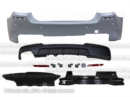BMW 5 F10 09->17 bamperis aizmugures komplekts gruntēts ar sensoru caurumiem type M-Performance komplektā 8gab